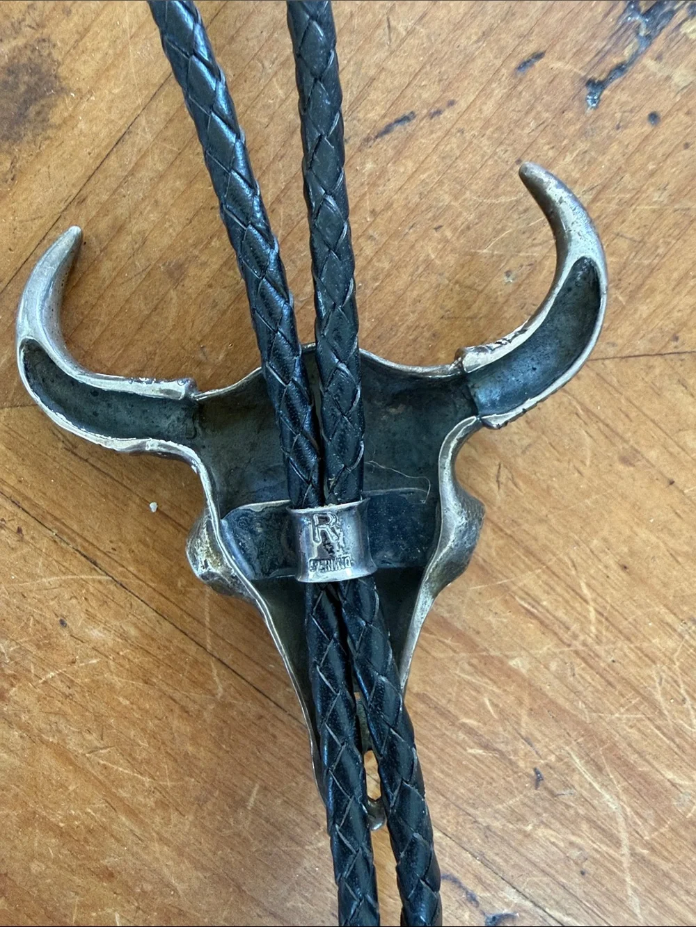 Vintage R. Sereno Sterling Silver Buffalo Skull Bolo Tie Western Leather  925
